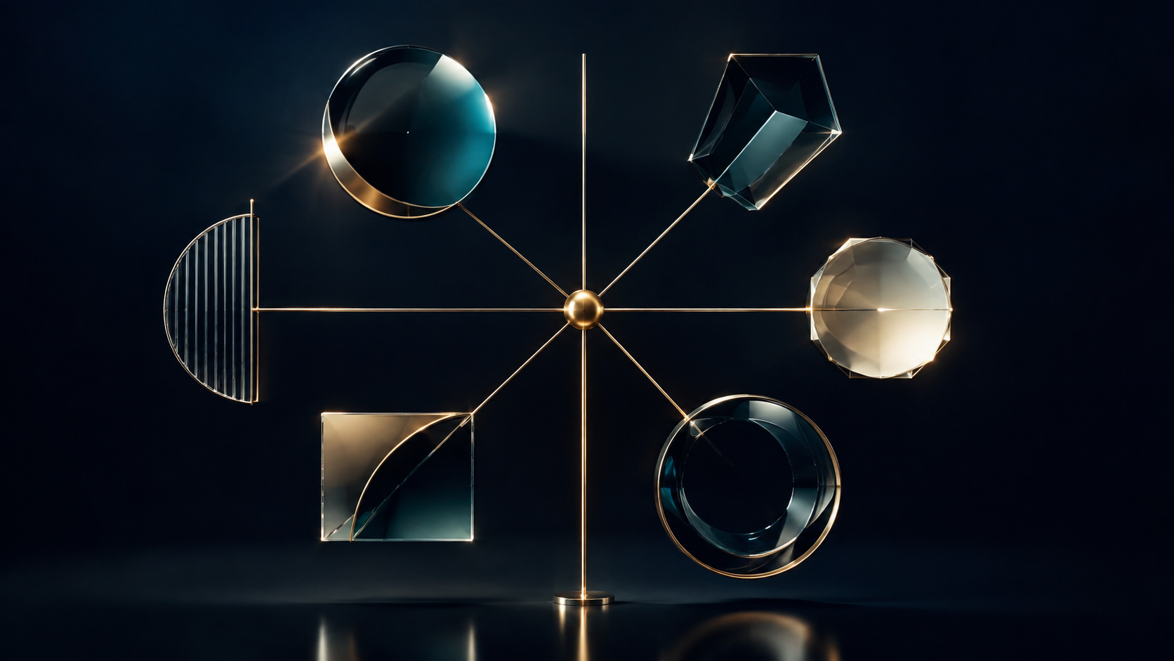 Six illuminated glass forms connected by a brass operating axis