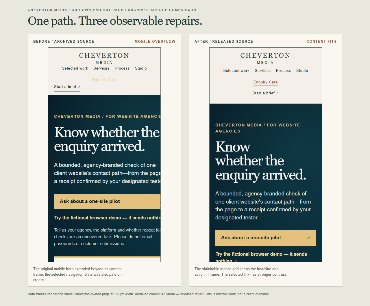 Side-by-side archived and repaired 390-pixel views of Cheverton Media’s own Enquiry Care page: the original headline and action overflow their frame; the repaired version fits and its selected navigation link is darker