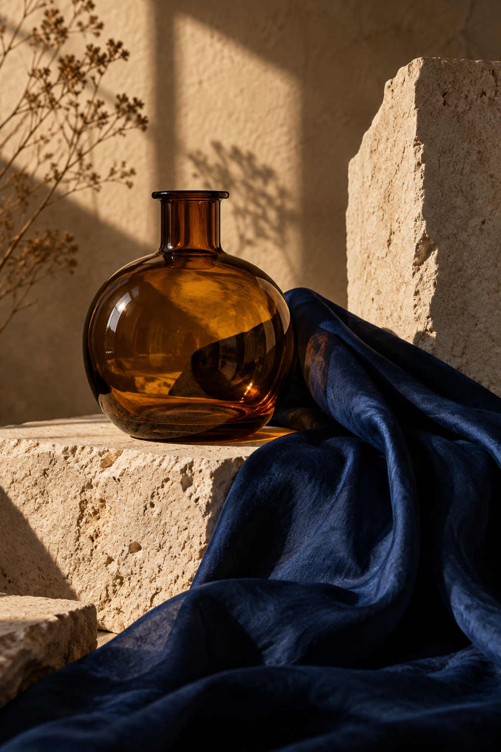 Original editorial still-life study: amber glass, indigo fabric and limestone in warm light