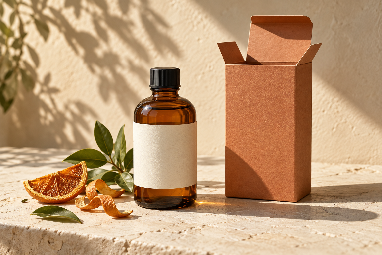 Fictional AI-assisted study of an amber bottle, unbranded package and citrus in warm light